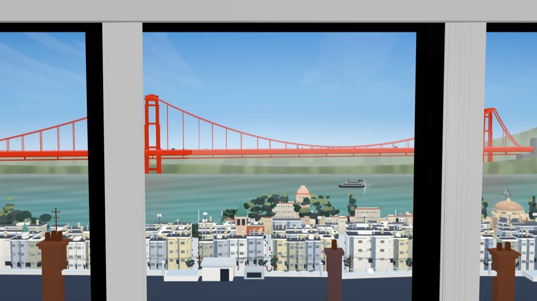 The Golden Gate Bridge and the Marina rooftops seen through the apartment window at midday, under a clear blue sky.