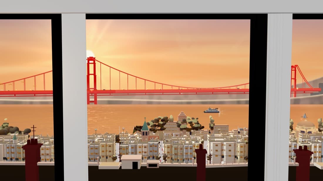 The same window at sunset, the sky orange behind the bridge towers and the sun low between them.