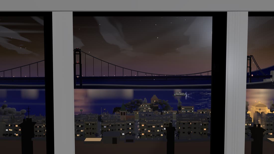 The same window at night, with lit windows in the Marina, lamps along the bridge deck and stars overhead.